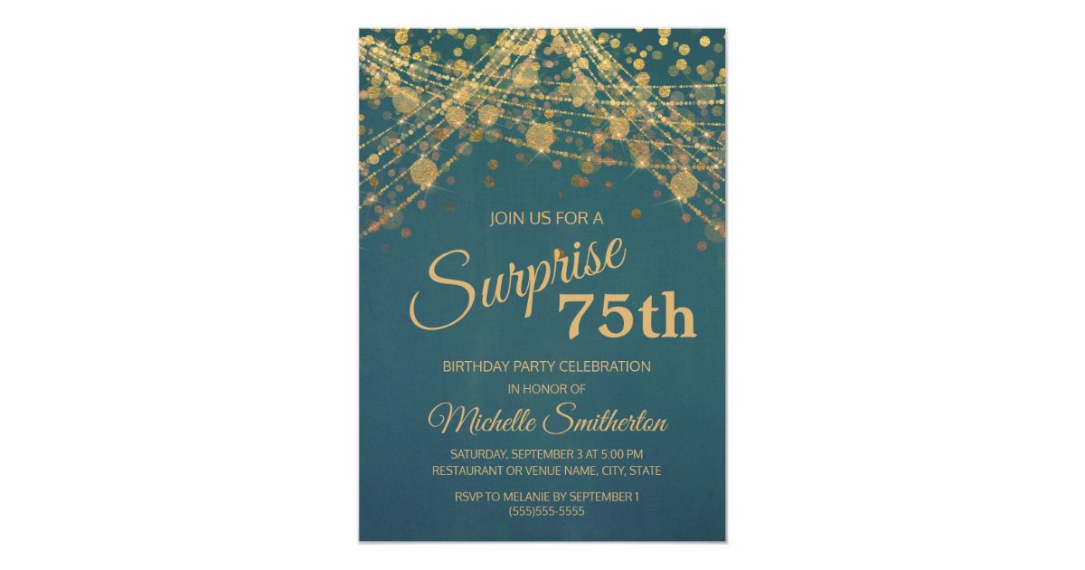 Teal Gold String Lights Surprise 75th Birthday Invitation | Zazzle.com Teal Gold String Lights Surprise 75th Birthday Invitation | Zazzle.com
