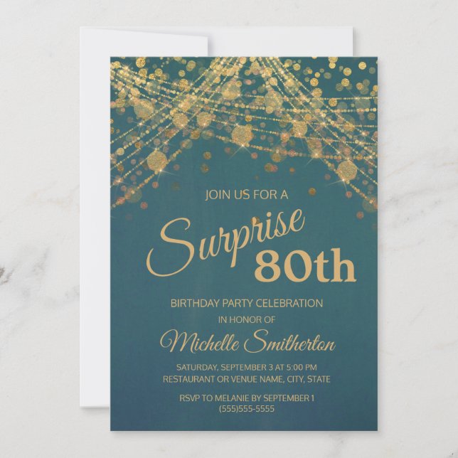 Teal Gold String Lights Surprise 80th Birthday Invitation (Front)
