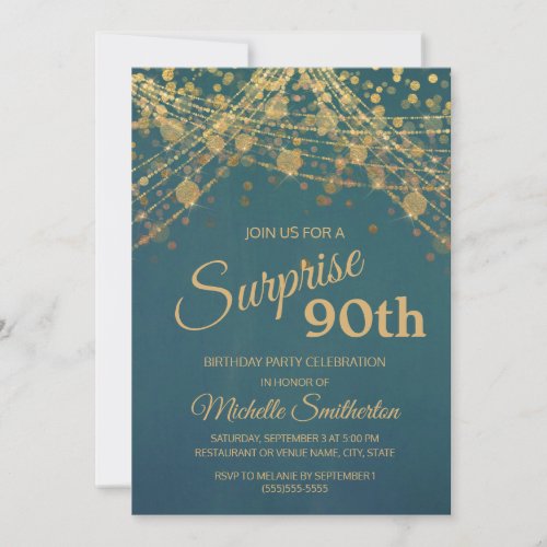 Teal Gold String Lights Surprise 90th Birthday Invitation