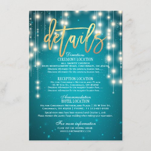 Teal Gold String Lights Wedding Detail Information Enclosure Card