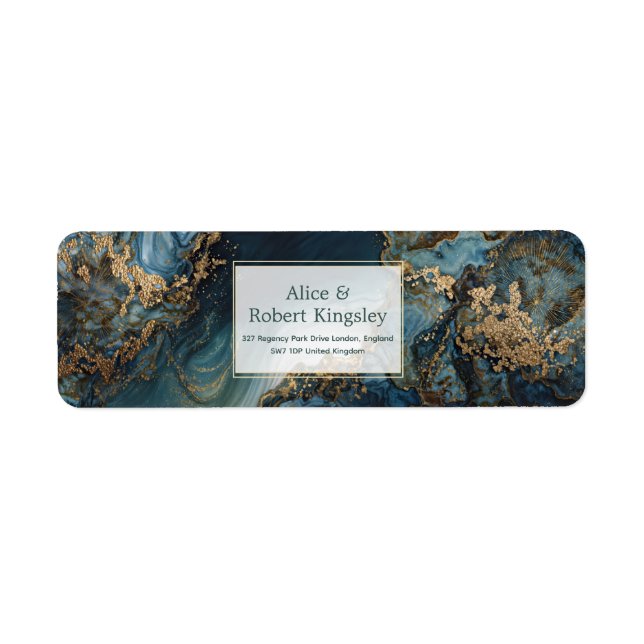 Teal Gold Sunburst Marble Return Address Label (Front)