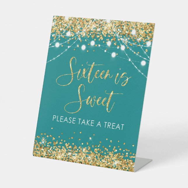 Teal Gold Sweet Sixteen Party Favor Sign Decor (Front)