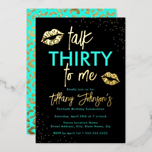 Teal Gold Talk Thirty To Me Leopard 30th  Foil Invitation