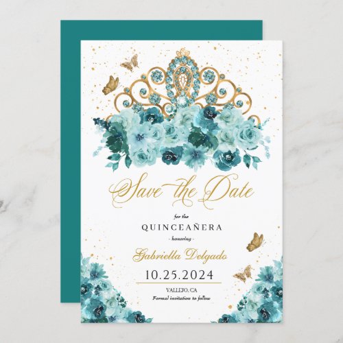 Teal  Gold Tiara Save The Date Quinceaera Invitation