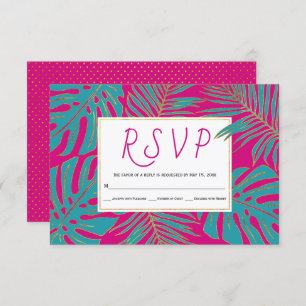 Teal, gold tropical leaves magenta pink wedding RSVP card