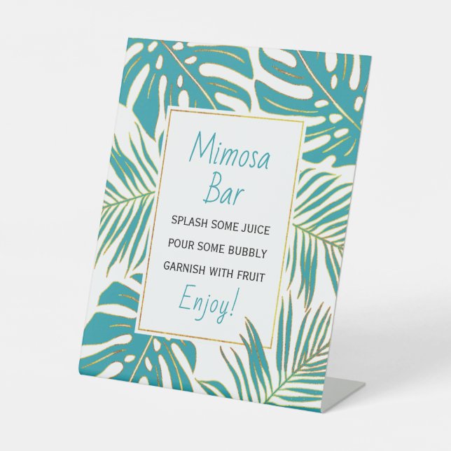 Teal, gold tropical leaves wedding bridal shower pedestal sign (Front)