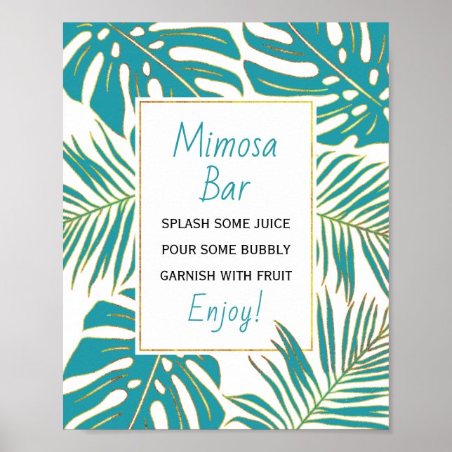 Teal, gold tropical leaves wedding bridal shower poster (Front)