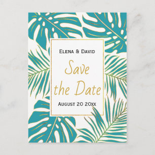Teal, gold tropical leaves wedding Save the Date Announcement Postcard
