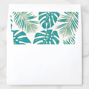 Teal, gold tropical monstera, palm leaves wedding envelope liner