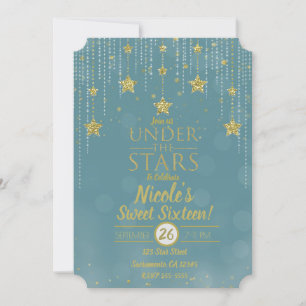 Teal & Gold Under The Stars Starry Sweet 16 Invitation