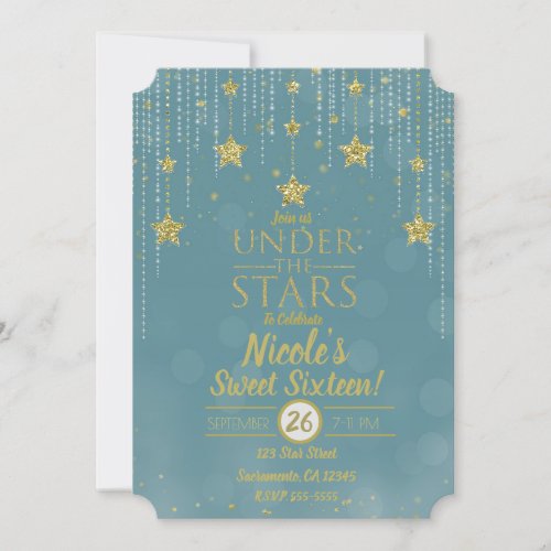 Teal  Gold Under The Stars Starry Sweet 16 Invitation