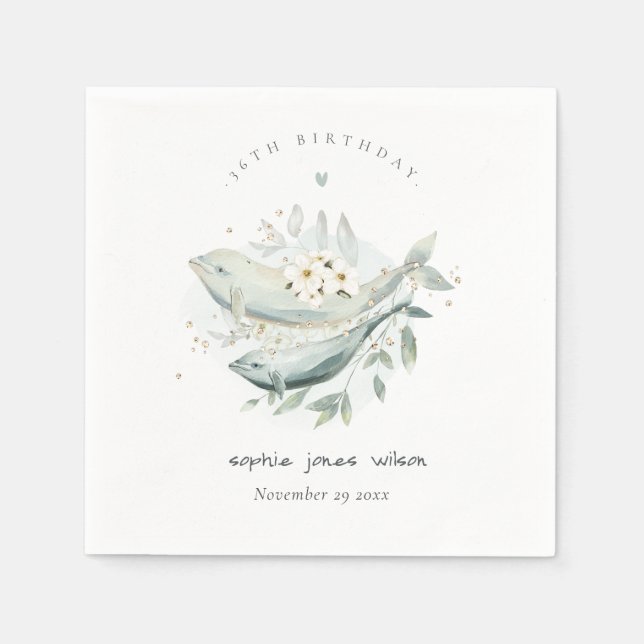 Teal Gold Underwater Floral Fish Any Age Birthday Napkins (Front)