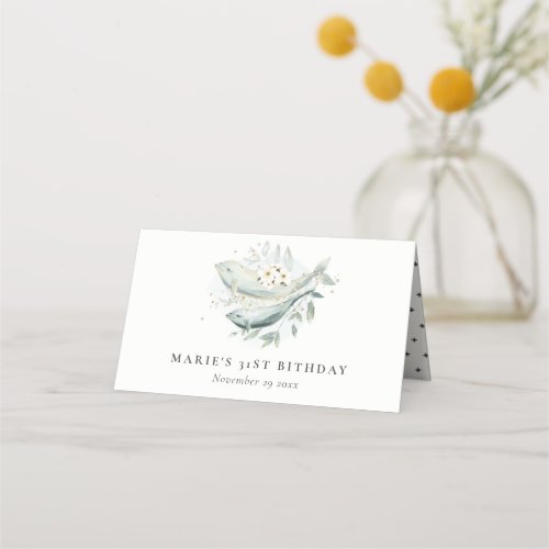 Teal Gold Underwater Floral Fish Any Age Birthday Place Card