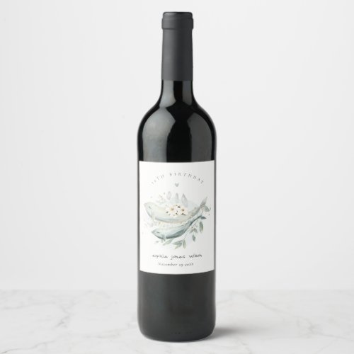 Teal Gold Underwater Floral Fish Any Age Birthday Wine Label