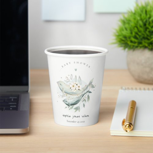 Teal Gold Underwater Floral Whale Fish Baby Shower Paper Cups