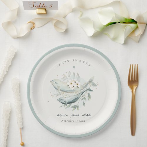 Teal Gold Underwater Floral Whale Fish Baby Shower Paper Plates