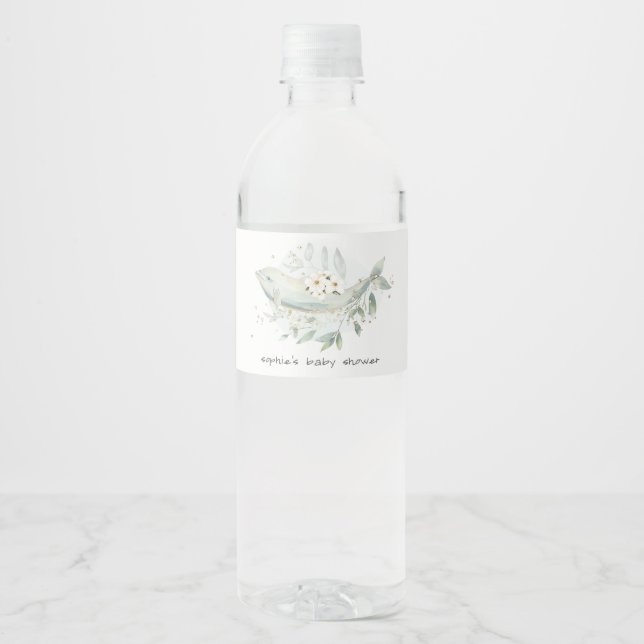 Teal Gold Underwater Floral Whale Fish Baby Shower Water Bottle Label (Front)