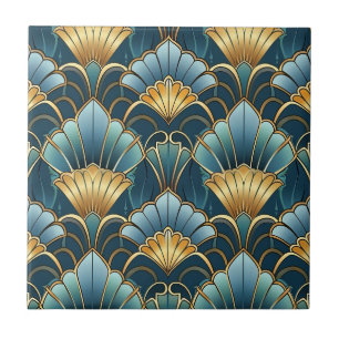 Teal gold vintage art deco pattern ceramic tile