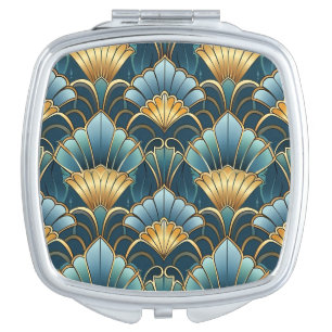 Teal gold vintage art deco pattern compact mirror