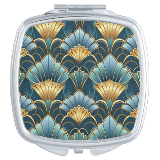 Teal gold vintage art deco pattern compact mirror