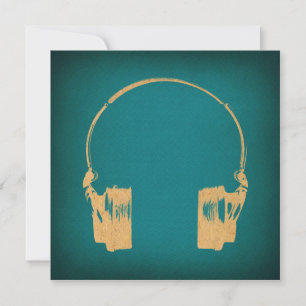 Teal & Gold Vintage Headphones Art Invitation