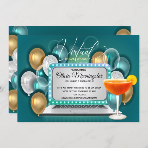 Teal Gold Virtual Bridal Shower Quarantini Party Invitation