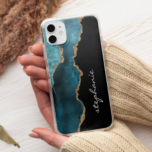 Teal Gold Watercolor Agate Personalized iPhone 13 Case