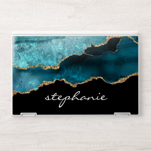 Teal Gold Watercolor Agate Personalized HP Laptop Skin