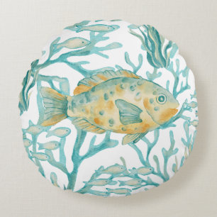 Teal Gold Watercolor Fish Round Pillow