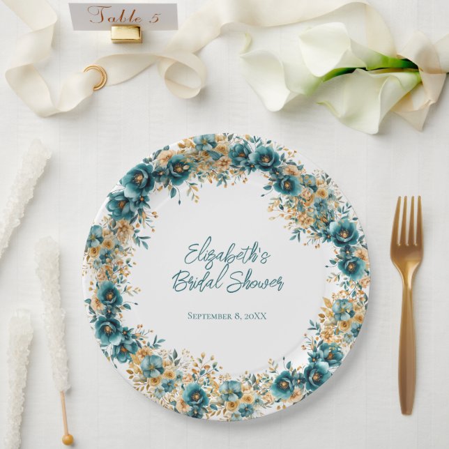 Teal Gold Watercolor Floral Bridal Shower Paper Plates (Wedding)