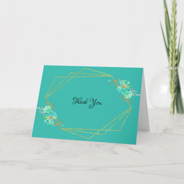 Teal Gold Watercolor Floral Geometric Teal Card (Front)