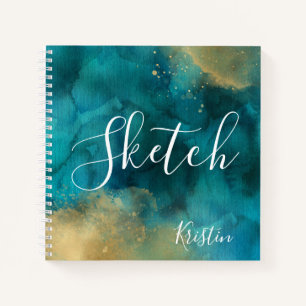 Teal Gold Watercolor Script Your Name Sketchbook Notebook