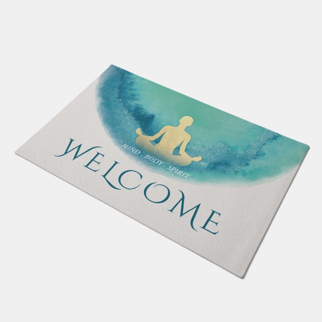 Teal Gold Watercolor Yoga instructor Welcome Doormat (Angled)