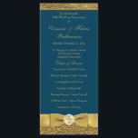 Teal Gold Wedding Anniversary Vow Renewal Program<br><div class="desc">This elegant teal or peacock blue and gold scrolled 50th wedding anniversary vow renewal ceremony program template or order of service card is fully customizable. It has a PRINTED on gold ribbon with a circle of printed-on crystals with an ornate gold cross in the center. You can change the text...</div>