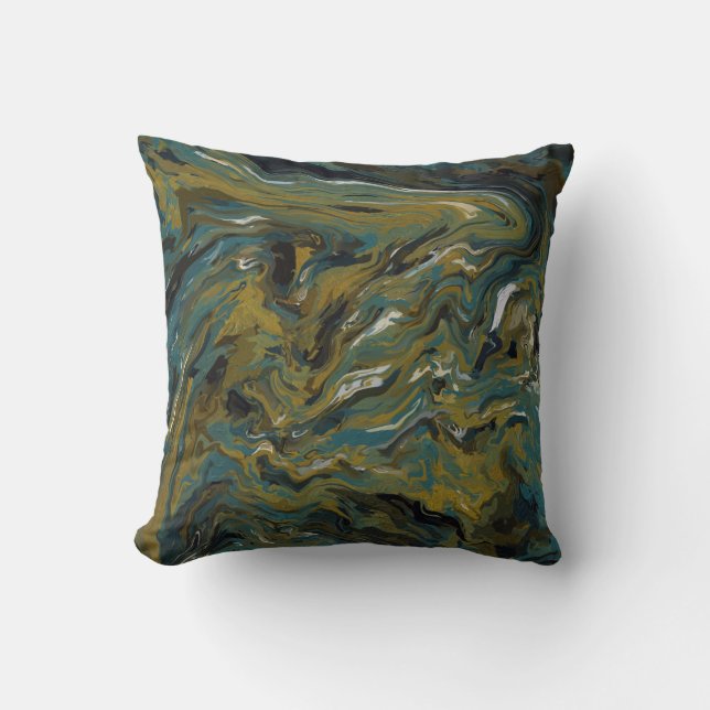 Teal, Gold, White and Black Oils Throw Pillow (Front)