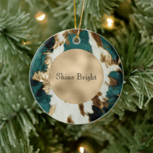 Teal Gold White Cowhide Ceramic Ornament