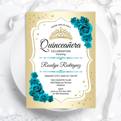 Teal Gold White Elegant Quinceanera Invitation