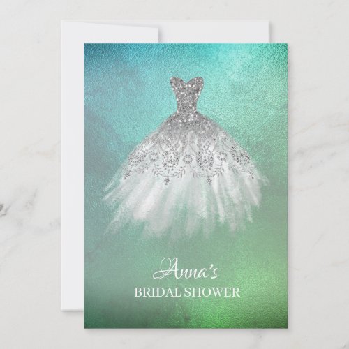  Teal Gold White Gown Dress Bridal Shower Invitation