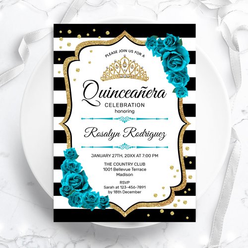 Teal Gold White Quinceanera Invitation