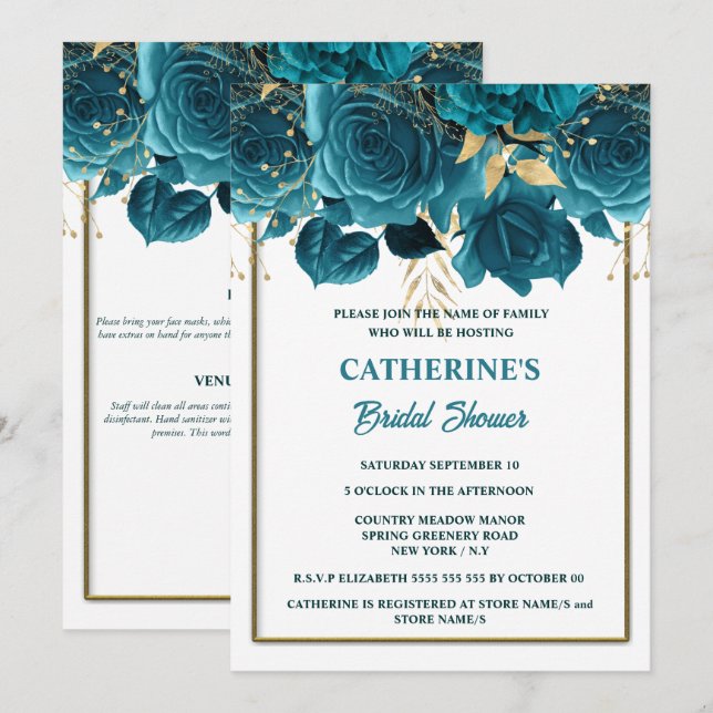 Teal gold white rose watercolor bridal shower  invitation (Front/Back)