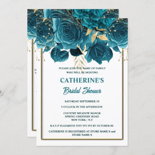 Teal gold white rose watercolor bridal shower  invitation