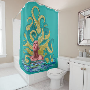 Teal Gold Woman Octopus Shower Curtain