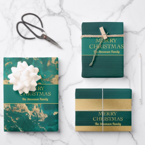 Teal Gold Xmas Wrapping Paper Flat Sheet Set of 3