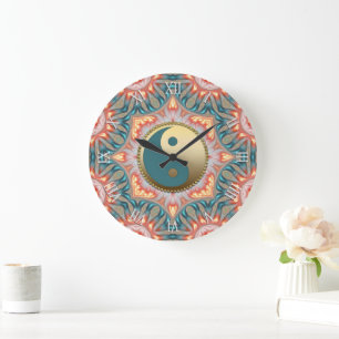 Teal Gold Yin Yang Feng Shui Fire Large Clock