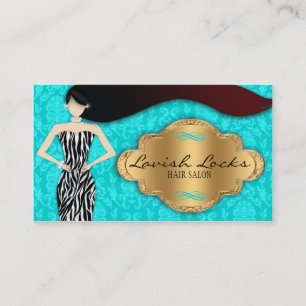 Teal Gold Zebra Damask Hair Stylist Business Card