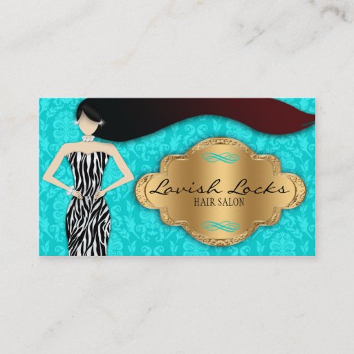 Customizable Teal Gold Zebra Damask Hair Stylist Business Card