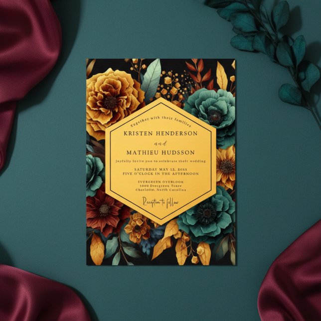 Teal Golden Floral Night Wedding Invitation (Creator Uploaded)