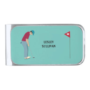 Teal Golfer Putting Ball Themed Silver Finish Money Clip