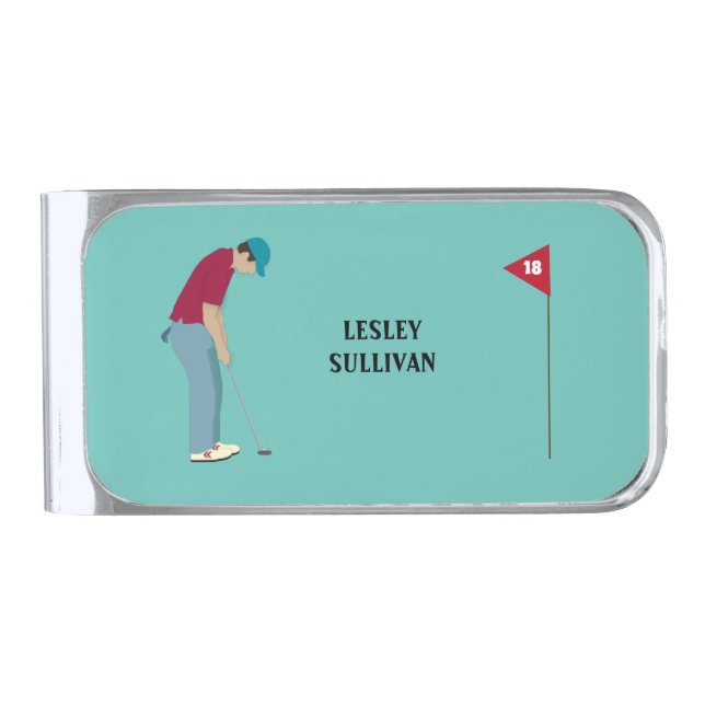 Teal Golfer Putting Ball Themed Silver Finish Money Clip (Front)