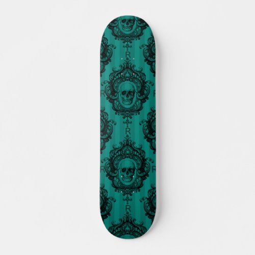 Teal Gothic Skull Custom Monogram Initial Pattern Skateboard